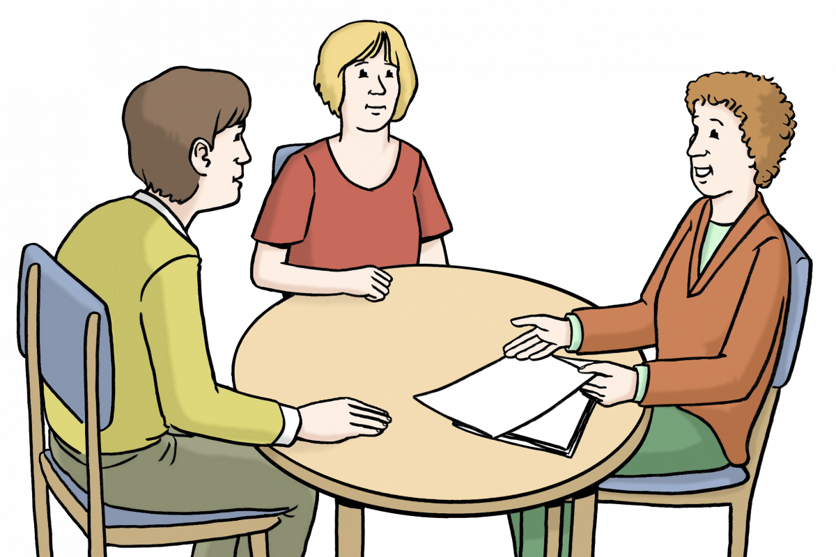 Illustration einer Angehörigensprechstunde bei der Menschen an einem Tisch sitzen